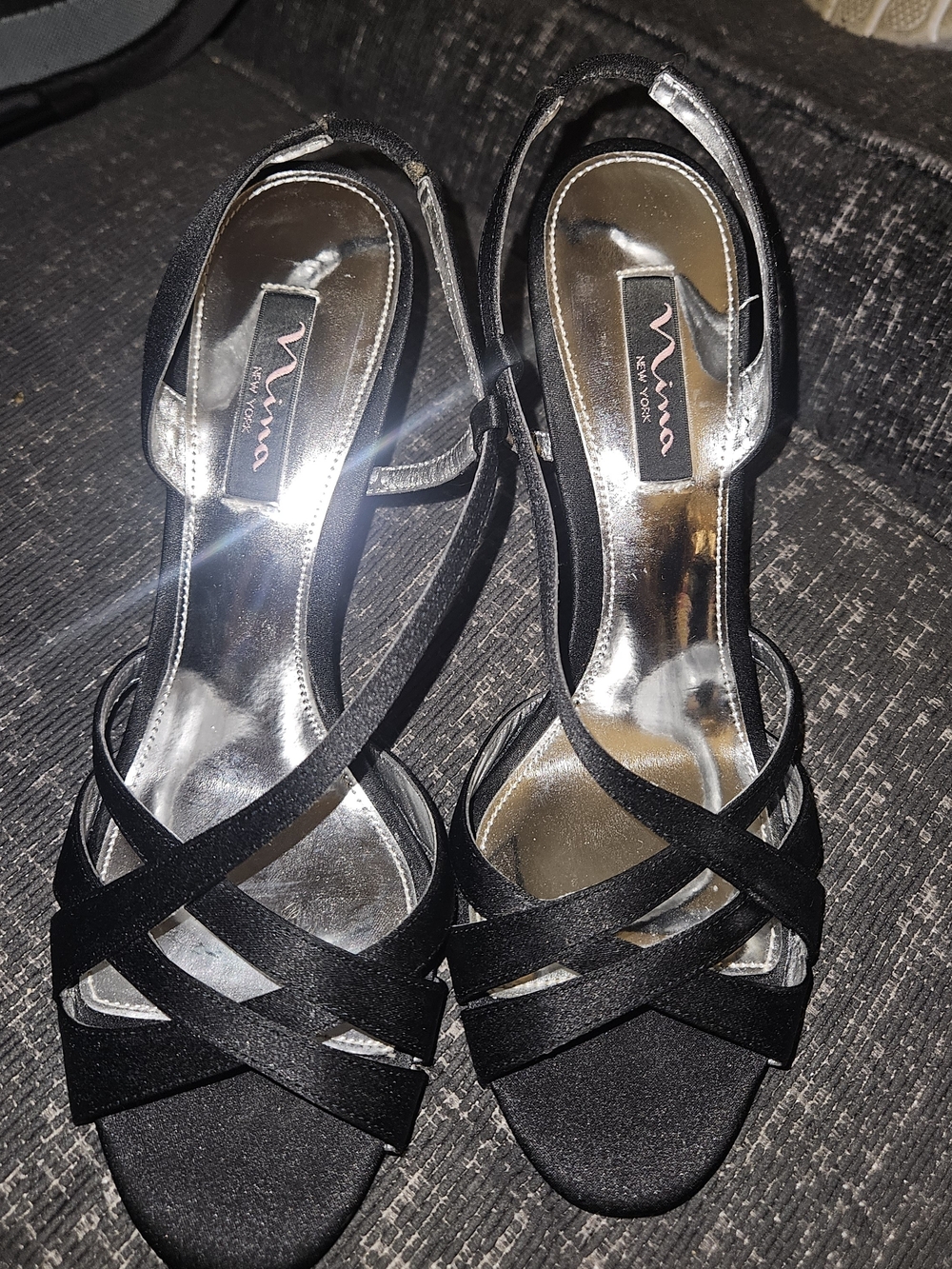NINA New York Black Crisscross Satin Slingback Heels